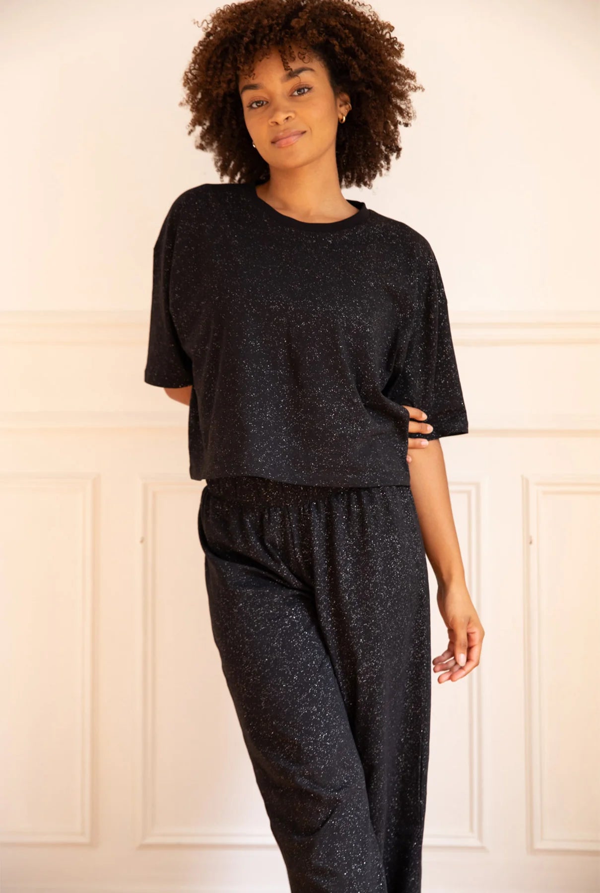 Pyjama long coton BIO | Noir Paillette