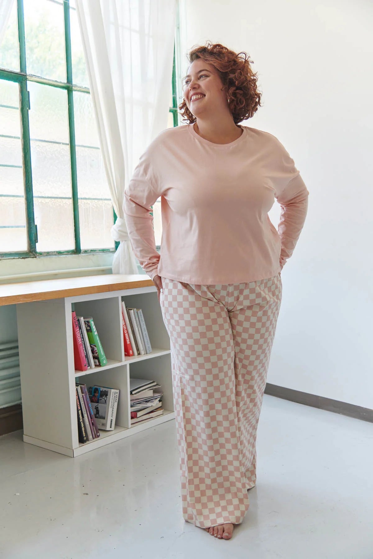 Pyjama manches longues coton BIO | Damier rose