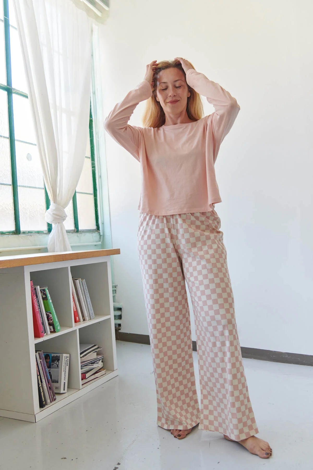 Pyjama manches longues coton BIO | Damier rose