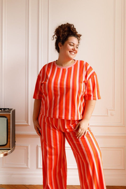 Pyjama long coton BIO | Rayures Oranges