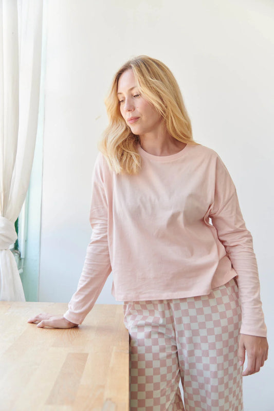 Pyjama manches longues coton BIO | Damier rose