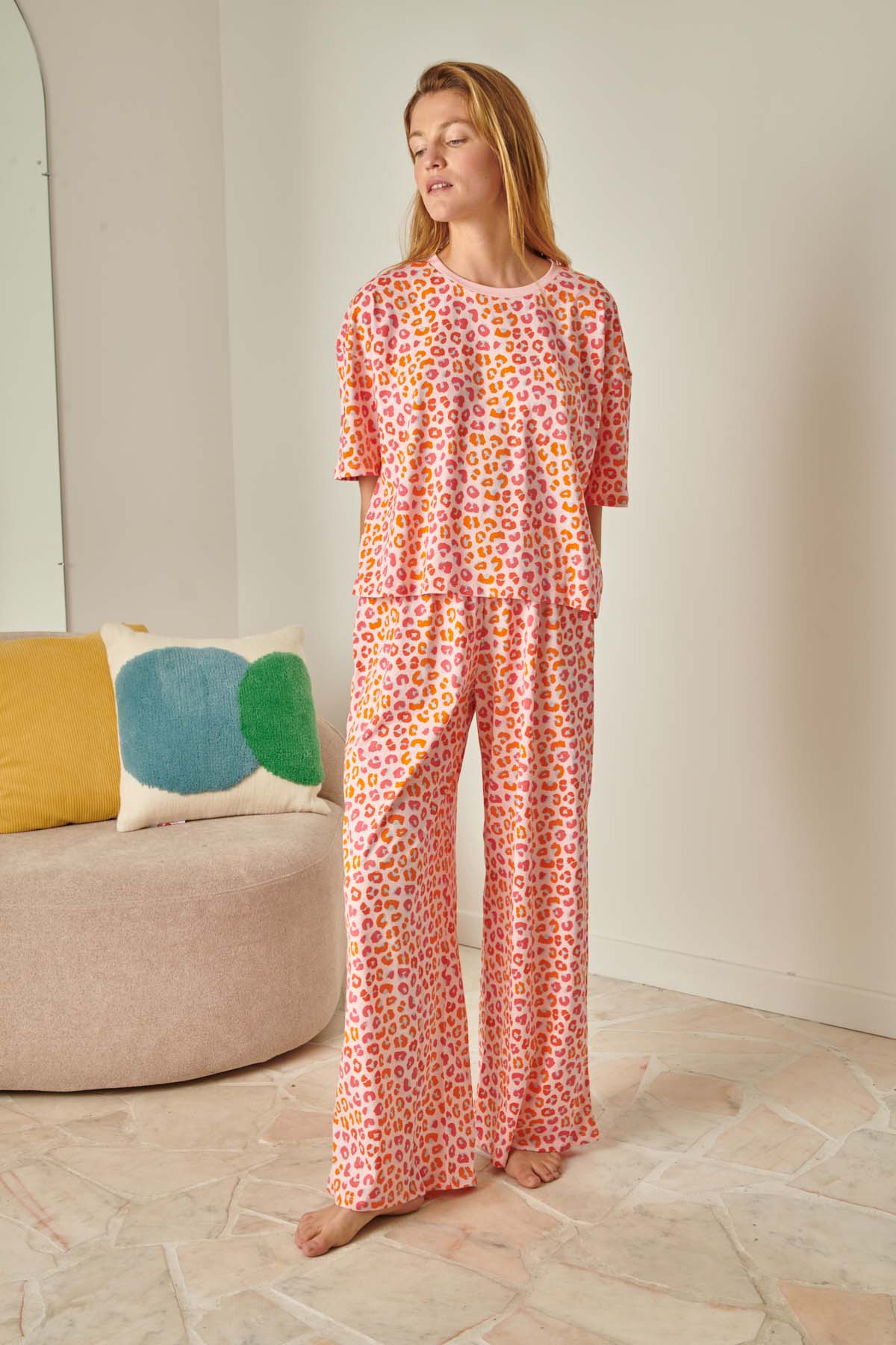 Pyjama long coton BIO | Léopard rose