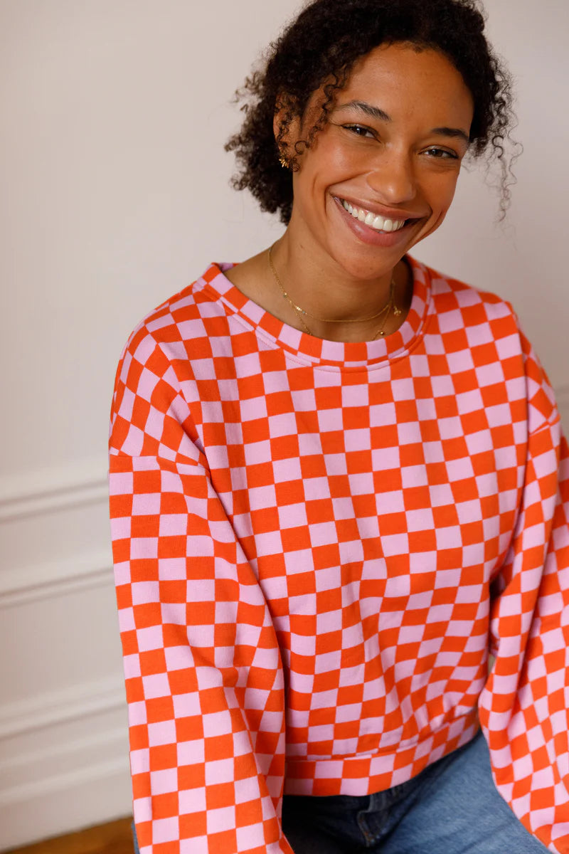 Sweat coton | Damier rose et orange