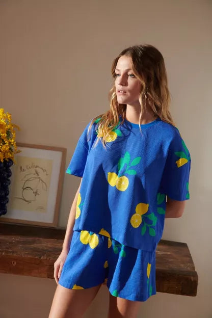 Pyjama gaufré coton BIO | Citrons Bleu Roi