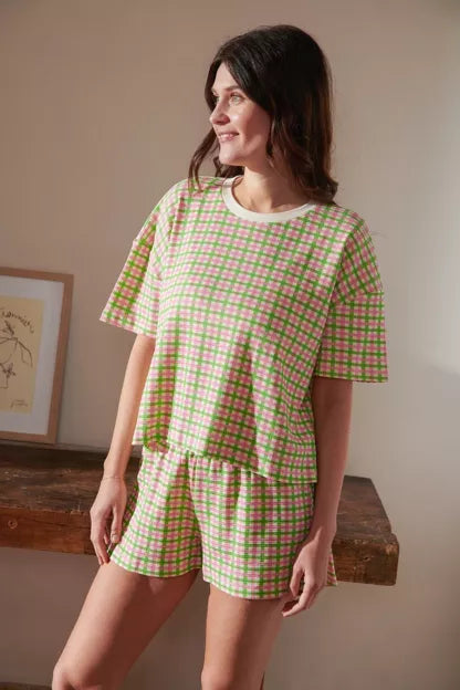 Pyjama gaufré coton BIO | Vichy Vert et Rose